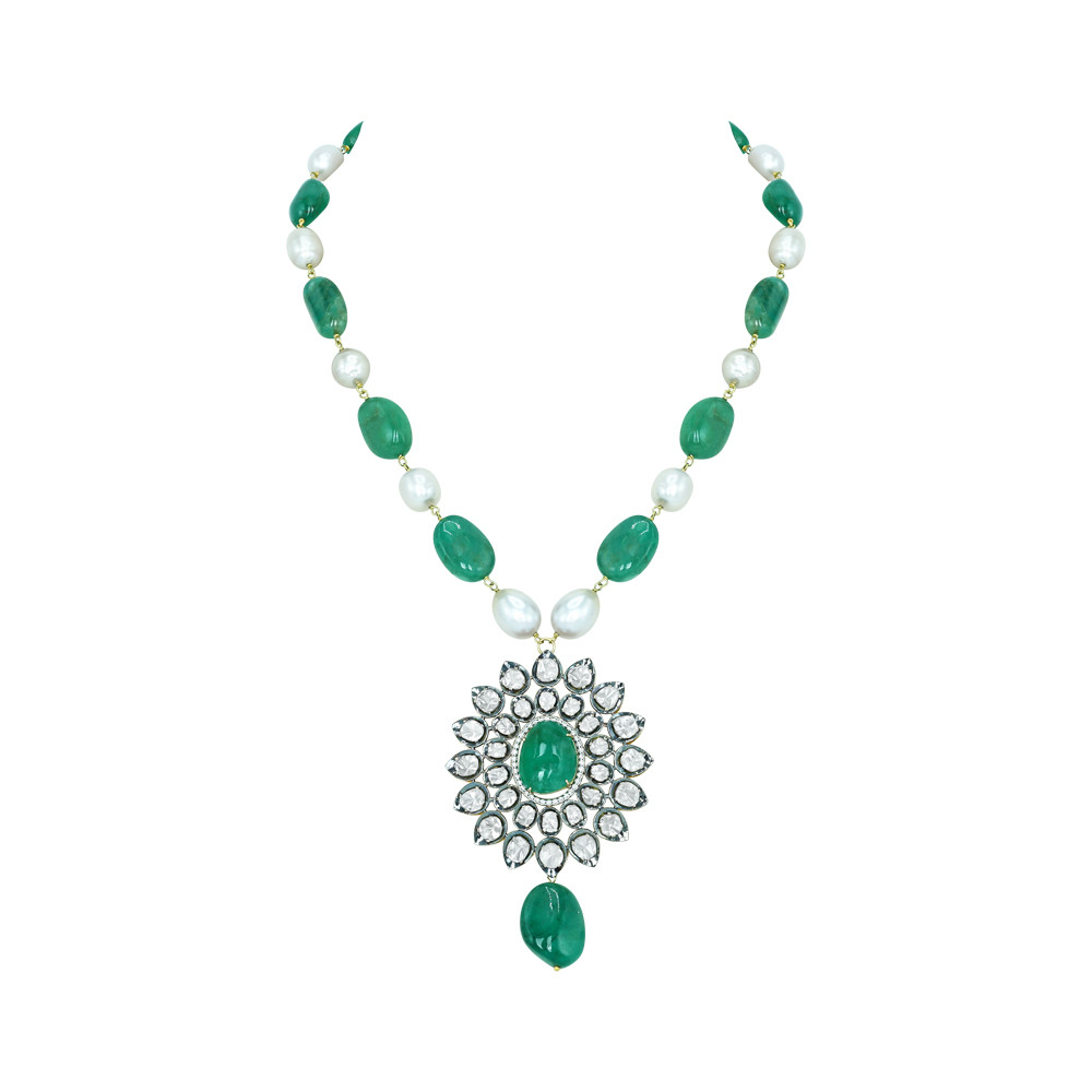 Emerald Cabochon Polki Necklace with Emerald and Pearl Strand